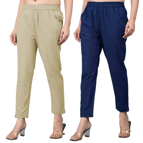 Image of Regular Fit Fully Elastic Waist Ankle Length Premium Cotton Casual Trouser Pant (Combo Pack of 2)