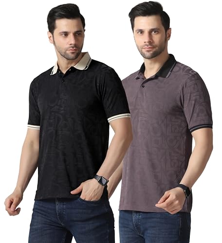 Image of TOPLOT Men's Premium Jacquard Polo T-Shirt | Geometric Textured Design | Contrast Collar & Cuffs | Soft Breathable | Perfect for Office & Casual Wear | Available in Pack of 2 (5281)