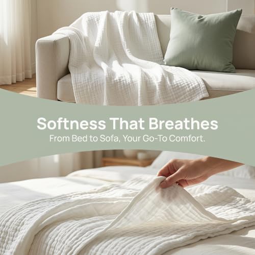Image of SANACYNA King 100% Cotton Muslin Blanket for All Seasons 6-Layer Gauze | Breathable, Soft & Lightweight, Pure White, Crinkle Texture, for Bed, Couch, Throw, Shawl, Outdoor Use Travel