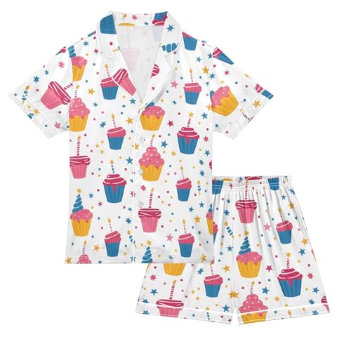 ALAZA Cake Star Polka Dots Satin Pajamas Set Short Sleeve Button Down Sleepwear Summer Pjs 2 Piece
