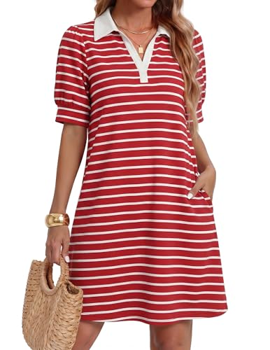 Image of ZESICA Womens Summer Striped T Shirt Mini Dresses 2026 Casual Lapel V Neck Short Sleeve Flowy A Line Beach Vacation Dress