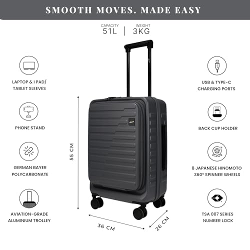 Image of F Gear Sedona Small Cabin Pro 54cm German Polycarbonate Hard Luggage|8 Japanese Hinomoto Silent Wheels| USB & Type-C Charging, Phone Stand & Cup Holder | Front Opening Suitcase for travel (Steel Grey)