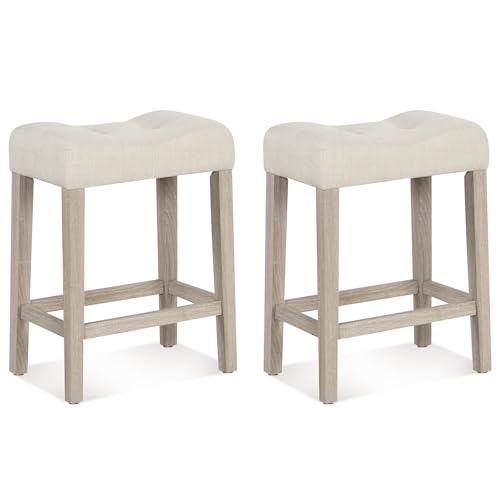 Image of Giantex 24 inch Bar Stools Set of 2, Upholstered Counter Height Saddle Bar Stools with Footrest and Wood Legs, Farmhouse Button Tufted Backless Barstools for Kitchen Island, Dining Room, Cafe, Beige