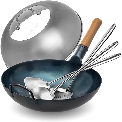 Image of YOSUKATA Flat Bottom Wok Pan - 13.5" Blue Carbon Steel Wok + Wok Lid 12.8 Inch + 17" Wok Spatula and Ladle Skimmer Spoon