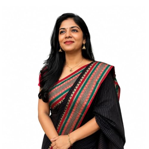 Image of Black Narayanpet Pure Mercerised Cotton Saree with stripes | Handloom Traditional Saree with Contrast Border | Soft Lightweight Ethnic Wear | Festive & Daily Wear Saree |