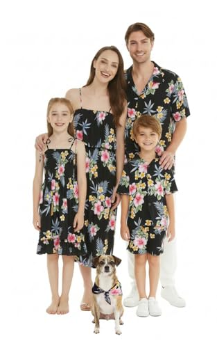Image of Family Matching Hawaiian Clothes, Hibiscus Black | Black Hibiscus Print • Soft Rayon Fabric • Family Matching Outfits • Vacation Ready • Luau Party Wear