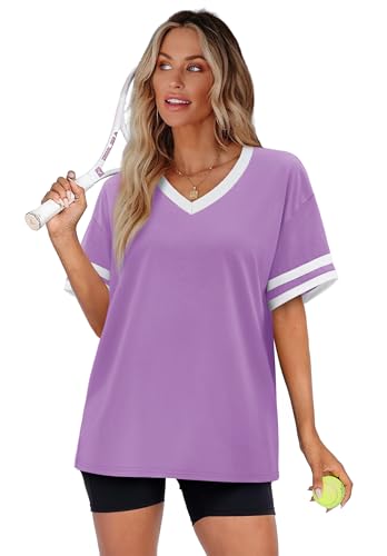 Image of WIHOLL Womens T Shirts Loose Fit Short Sleeve Tees V Neck Color Block Summer Tops 2026 Fashion S-4XL