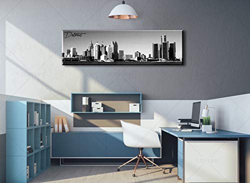 Image of DJSYLIFE Detroit Skyline Wall Art,Black White Canvas Prints 13.8 inch x 47.3 inch | USA Skyscraper Panoramic Cityscape Picture for Bedroom Office Home Decoration Ready to Hang