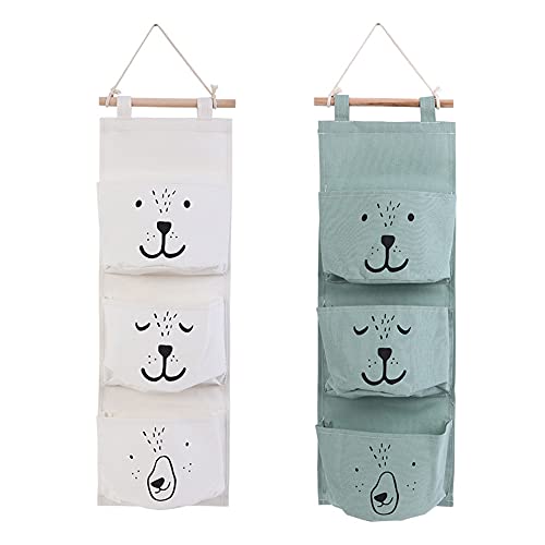 2 Pièces Sac de Rangement Mural, Poche Suspendue en Coton et Lin, Pochettes de Rangement Suspendues Imperméables, avec 3 Poches, pour Télécommande, Lunettes, Chaussettes, Chargeur, Clés (Blanc, Vert) Cover