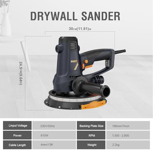 MAXXT 810W Handheld Drywall Sander, Electric Sander for Walls,Rough and fine Sanding - Variable Speed, Upgraded Pad, Adjustable Suction, Self-Dust-Extraction, 8 Pcs Sanding Discs - 7