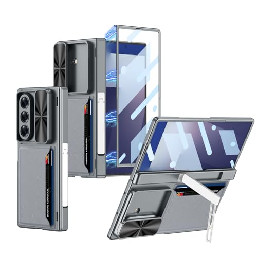 For Samsung Galaxy Z Fold 7�p�P�[�X�A�J�[�h�X���b�g�ƒ��߉\�ȃX�^���h�t���A�X���C�h�J�����J�o�[�A�X�N���[���v���e�N�^�[�q���W�A���h�~�V�F��(Grey)
