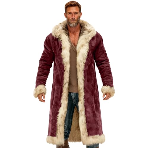 Hawyet Mens Santa Claus Coat Xmas Faux Fur Trim Long