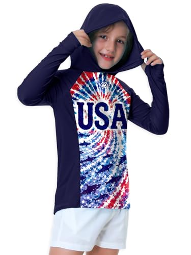 Image of AOBUTE Unisex Kids Long Sleeve Hoodie Rash Guard Boys UPF 50+ Swim Top with Thumb Hole 3-12 Years
