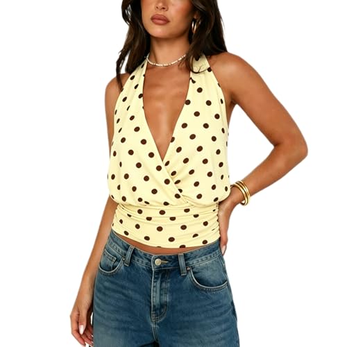 Women Y2K Plunge Halter Top Sexy V Neck Solid Color Cross Wrap Crop Tank Top Sleeveless Ruched Waist Backless Vest(Yellow Dots, S)