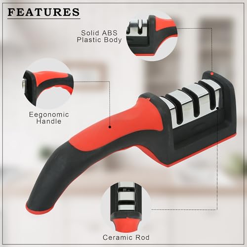 Image of 3-in-1 Professional Grade Knife Sharpener Pack of 1, Easy Handle Grip with Stable Base, 3-Stage Sharpening Tool for All Types of Knives