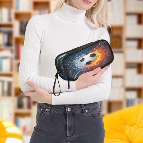 Image of Water and Fire Football Pencil Case 3 Compartment Pen Bag Pouch Holder Box School Portable Stationery Storage Bag for Girls Boys
