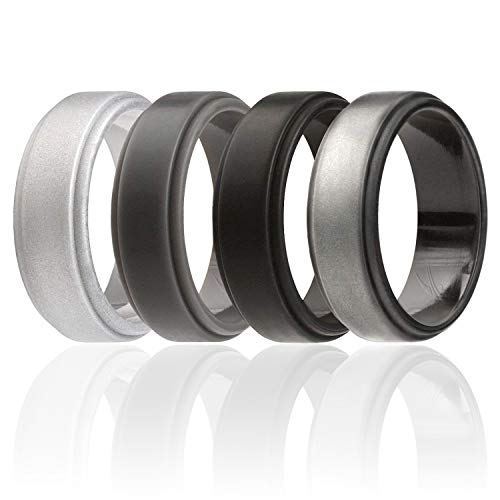 ROQ Silicone Wedding Ring for Men, 4 Pack Silicone Rubber Band Step Edge