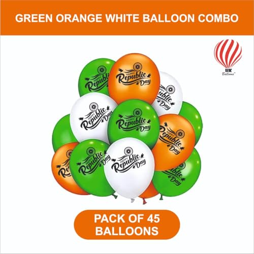 Image of HK balloons 45Pcs Orange White Green Happy Republic Day Decoration Items For inchHappy Republic Day inch Special Printed Balloons /Tri Color Printed Balloon /26 January Decoration Items Rubber