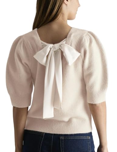 Image of Seyumixi Women Cute Bow Sweater Puff Short Sleeve Crewneck Knitted Shirt Bowknot Tie Back Knit Pullover Tops