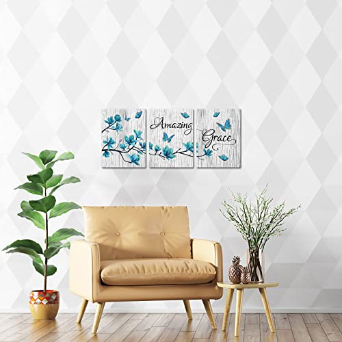 Welmeco 3 Pieces Turquoise Blue Magnolia Flowers Butterflies Painting Canvas Wall Art Amazing Grace Quote Sign Picture Rustic Wood Texture Giclee Prints Artwork For Modern Living Room Bedroom Office Bathroom Housewarming Gift #TOP2