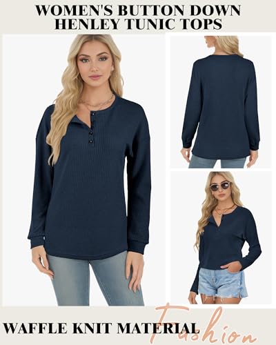 Image of AURUZA Long Sleeve Shirts for Women Henley Shirts Waffle Knit Tops Casual Loose V Neck Tunic Tops Fall Outfits Waffle TShirt
