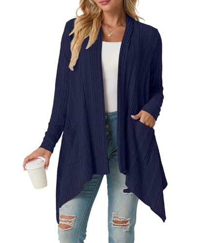 GRECERELLE Cárdigan de punto largo para mujer, manga larga, ligero, con bolsillos, dobladillo asimétrico de caída suave, azul marino, M