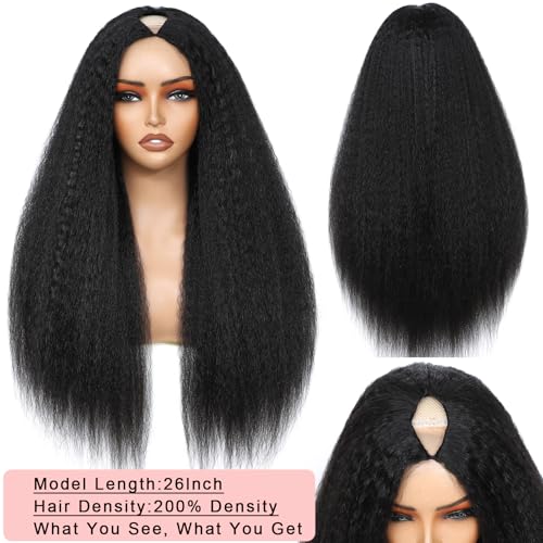 V Part Wig Human Hair Kinky Straight Human Hair Wigs Upgrade U Part Human Hair Wig for Women No Leave Out No Sew In 200% Density Natural Color 26 Inch