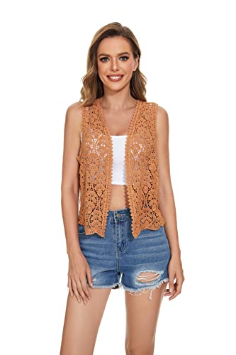 Image of Womens Floral Crochet Lace Trim Sleeveless Open Front Vest Cardigan