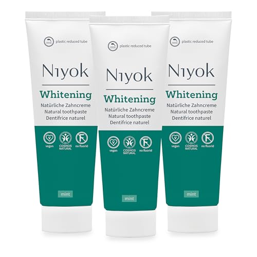 Niyok® Pasta de dientes blanqueadora 'Mint' (3 x 75 ml) • Pasta de dientes remineralizante para dientes blancos • Cuidado natural y frescura • Tubo reducido de plástico • Sin flúor ni vegano