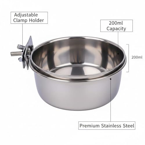 Image of Pets Empire Best Stainless Steel Birds Coop Cup Feeder Bowl (200ML, COOP Cup CLAMP Holder)