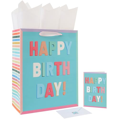 wishinside 13” Large Turquoise Birthday Gift Bag Set with Handles, Greeting Card, White Tissue Papers and Stickers for Girls Boys Kids Teens Women Men, Birthday Design, 1 Pcs