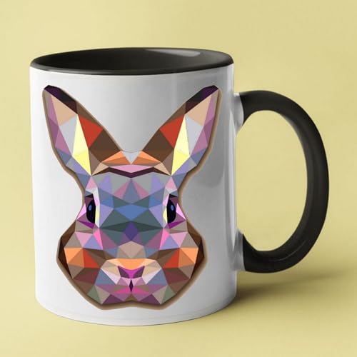 Taza de cerámica con diseño de conejo geométrico, interior y mango negros, diseño artístico poligonal