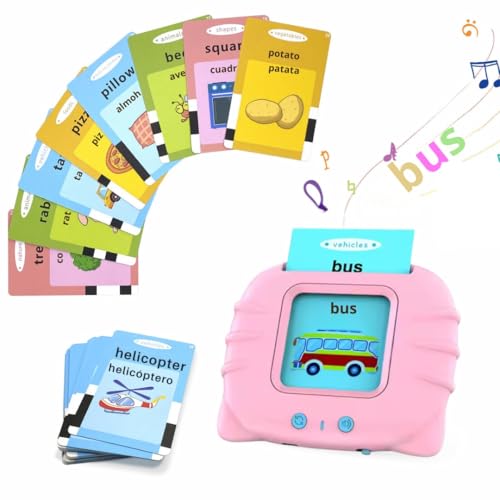 Juguete Tarjetas Flash Parlante Bilingüe Español-Inglés, Juego Educativo Montessori para Aprender Palabras, para Niños Mayores de 3 Años (Rosa, s)