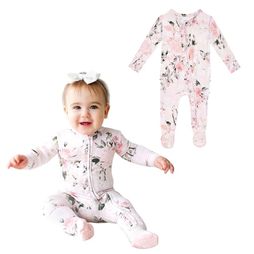 Posh Peanut Footie Pajamas for Baby Girls – Sleepers in Ultra-Soft Viscose from Bamboo with 2-Way Zipper & Ruffle Trim – Newborn to Toddler Sleepwear (Vintage Pink Rose, 0-3 Months)