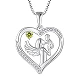 FJ Sterling Silver Mother and Child Love Heart Pendant August Peridot Birth Stone Necklace Jewelry,...