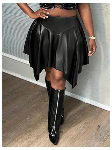 Women's Plus Size PU Leather Ruffle Skirt High Waisted Asymmetrical Party Rave Concert Mini Skirts Clubwear3