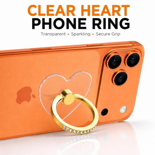 Image of Mizi 2Pack Transparent Heart Phone Ring Holder Kickstand, Bling Crystal Finger Grip Stand with 360 Rotation for iPhone, Samsung, Android Phones & Cases - Gold