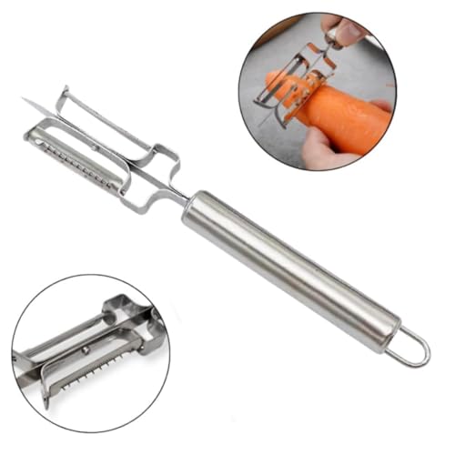 Image of Stainless Steel Julienne Vegetable Peeler Multi-Functional Fruit & Veggie Shredder Slicer and Grater for Potatoes, Carrots, Cucumbers (3-in-1 Julienne Serrated Peeler)
