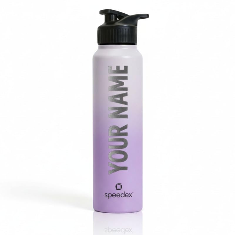 Image of Speedex Customised Stainless Steel Water Bottle 1 Ltr with Name - Personalised Engraved Sipper Cap Bottle for Kids, Men & Women, School, Gym, Office Dual Purple, Set of 1