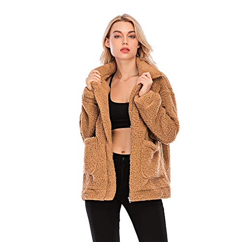 Nsbs Women Coat Casual Lapel Fleece Fuzzy Faux Shearling Zipper Outwear Jackets (Khaki,Xl) #TOP1