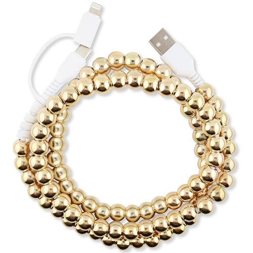Image of Stylish [Apple MFi Certified] Beaded Phone Charger Cable Metallic Colors USB Cable 2 in1 USB-C Charging Cord for Smartphones 3.3ft (Gold)