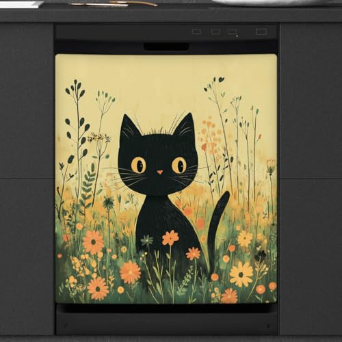 Funda para lavavajillas oculta arañazos panel magnético gato negro boho protector de puerta