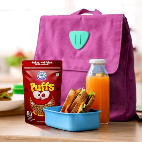 Image of BE'BE' BURP Healthy Puff Snacks | Soya Masala Masti | Baked Puffs, Not Fried, Protein Snacks | No Maida & Gluten-Free | Travel-Friendly | 35gms Each (Pack of 4)