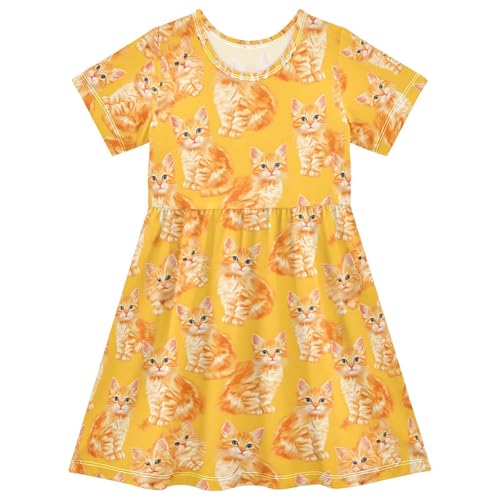 Orange Cat Girls Dresses Sundress Kids Short Sleeve Casual A Line Dresses