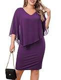 FOLUNSI Women's Plus Size V Neck Capelet Sleeve Chiffon Overlay Bodycon Knee Length Pencil Dress Pur