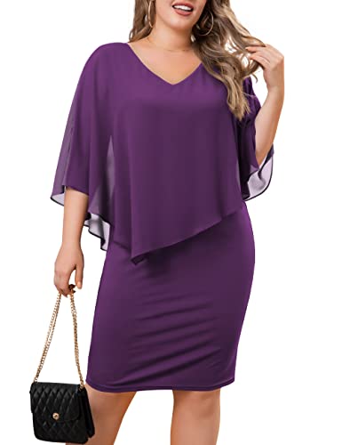 Folunsi Women's Plus Size V Neck Capelet Sleeve Chiffon Overlay Bodycon Knee Length Pencil Dress Purple, 1Xl #TOP10