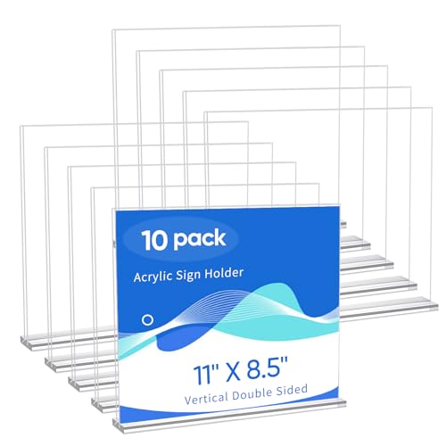 10 Pack Acrylic Sign Holder 11 x 8.5, Horizontal Clear Double Side T Shape Acrylic Table Sign Stands for Displaying, Flyer Holder Paper Card Holder for Office Business Store Mall Restaurants