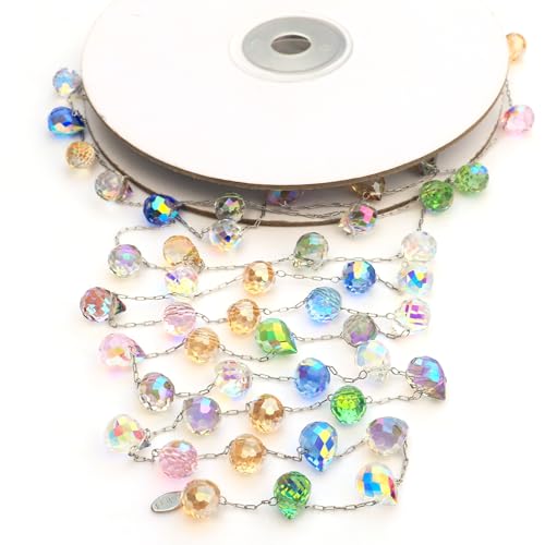 Lumiti Christmas Garland, 9.8Ft Crystal Glass Beads Strands, 100pcs 10mm Faceted Waterdrop Glass Beads Hanging Ornament for Christmas Tree Centerpieces Wedding Party Decorations (Multicolor)