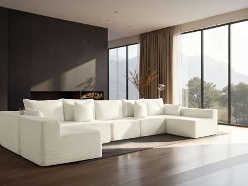 Image of 168 inch Cloud Sectional Couch, Comfort U Shaped Sofa for Living Room, Extra Deep Seats No Assembly, Minimalist Modular Couch, Corduroy (Cream, 7 Seats,U-Shape B)