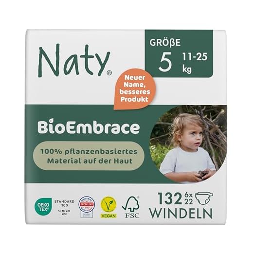 Naty BioEmbrace Baby Windeln Größe 5 (11–25 kg) | 100% pflanzenbasierte Materialien auf der Haut | Atmungsaktive Weichheit, dermatologisch getestet, exzellente Saugkraft | 132 Stück